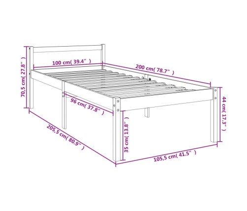 vidaXL Cama para personas mayores madera maciza pino blanca 100x200 cm