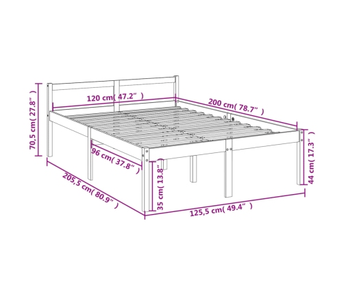 vidaXL Cama para personas mayores madera maciza pino gris 120x200 cm