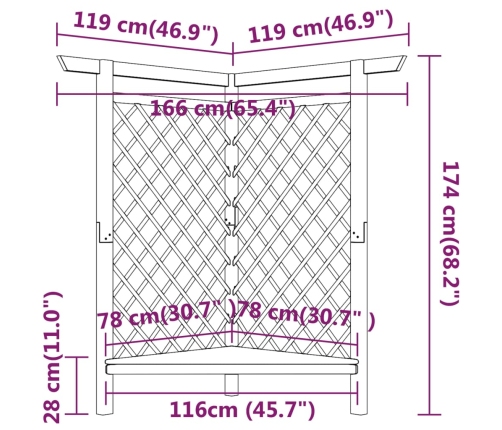 Pérgola esquinera con banco madera pino impregnada 166x81x174cm