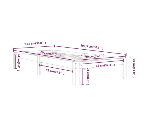 Estructura de cama sin colchón madera maciza de pino 90x200 cm