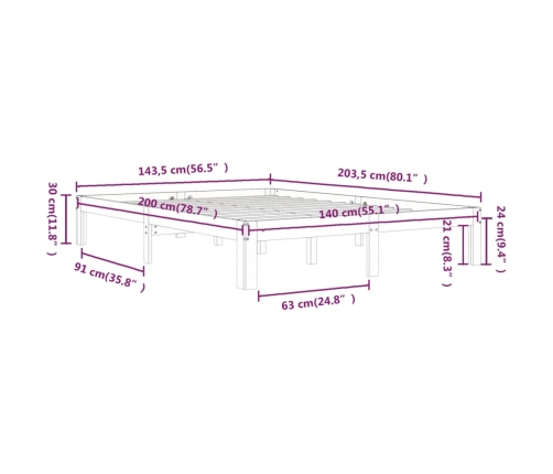 Estructura de cama sin colchón madera maciza de pino 140x200 cm