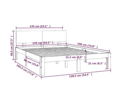 vidaXL Estructura de cama doble madera maciza marrón miel 135x190 cm