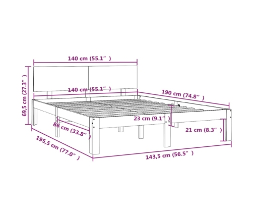 Estructura de cama sin colchón madera maciza pino 140x190 cm