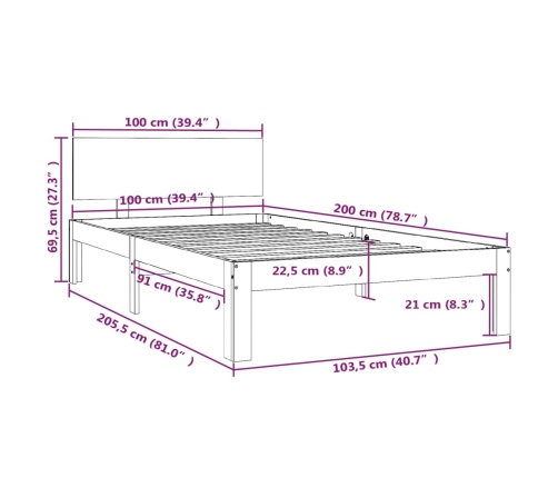 Estructura de cama sin colchón madera maciza de pino 100x200 cm