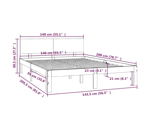 Estructura de cama sin colchón madera maciza de pino 140x200 cm