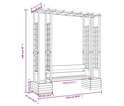 Pérgola de jardín con banco y jardineras madera pino impregnada