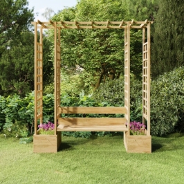 Pérgola de jardín con banco y jardineras madera pino impregnada