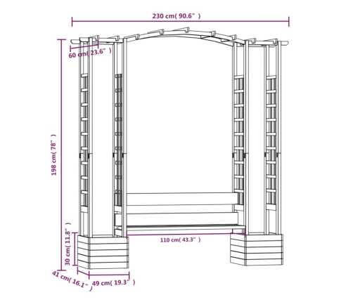 Pérgola de jardín con banco y jardineras madera pino impregnada