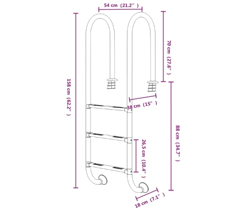 Escalera para piscina acero inoxidable 304 54x38x158 cm