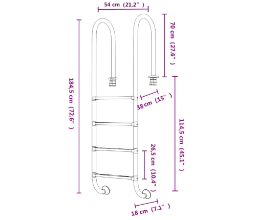 Escalera para piscina acero inoxidable 304 54x38x184,5 cm