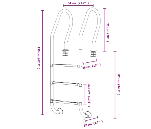 Escalera para piscina acero inoxidable 304 54x38x158 cm