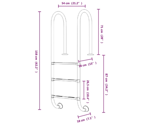 Escalera para piscina acero inoxidable 304 54x38x158 cm