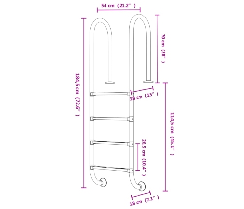 Escalera para piscina acero inoxidable 304 54x38x184,5 cm