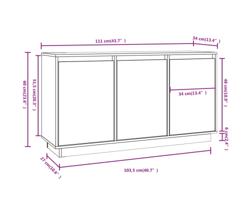 Aparador de madera maciza de pino blanco 111x34x60 cm