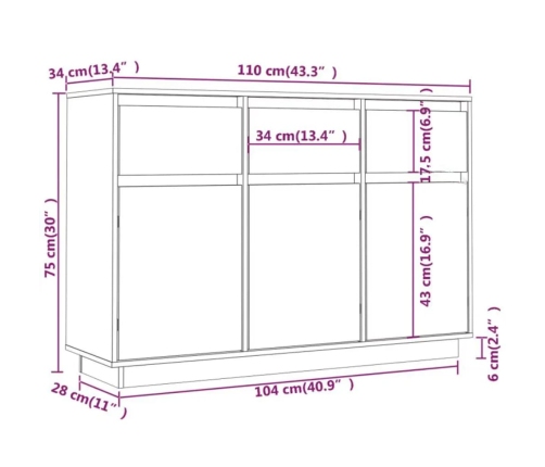 Aparador de madera maciza de pino 110x34x75 cm