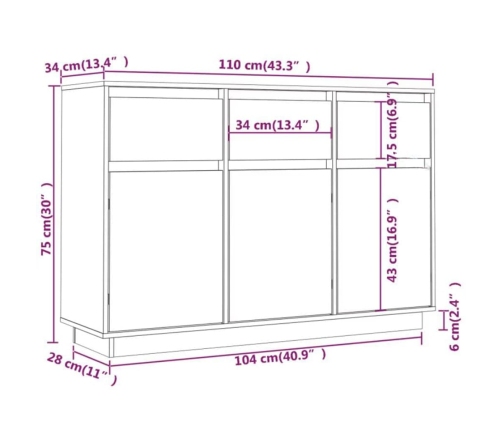 Aparador de madera maciza de pino blanco 110x34x75 cm