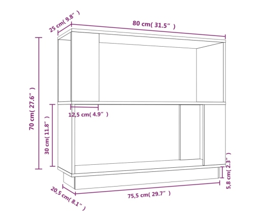 vidaXL Estantería/divisor de espacios madera maciza pino 80x25x70 cm