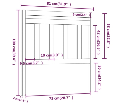 vidaXL Cabecero de cama madera maciza de pino 81x4x100 cm