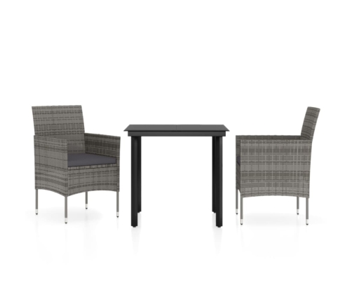 Juego de comedor de jardín 3 piezas con cojines gris y negro