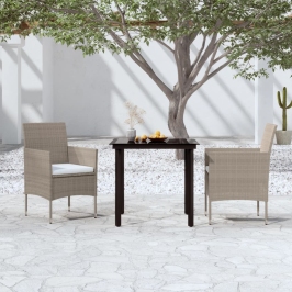 Juego de comedor de jardín 3 piezas con cojines beige y negro