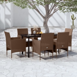 Juego de comedor de jardín 7 piezas con cojines marrón y negro