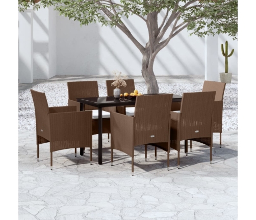 Juego de comedor de jardín 7 piezas con cojines marrón y negro