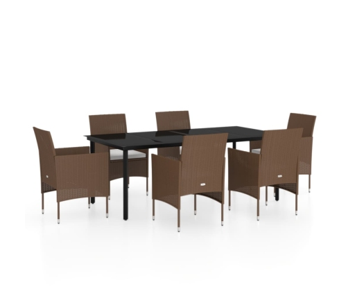 Juego de comedor de jardín 7 piezas con cojines marrón y negro