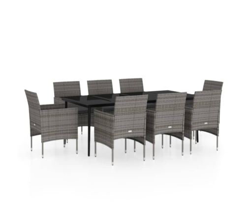 Juego de comedor para jardín 9 piezas con cojines gris y negro