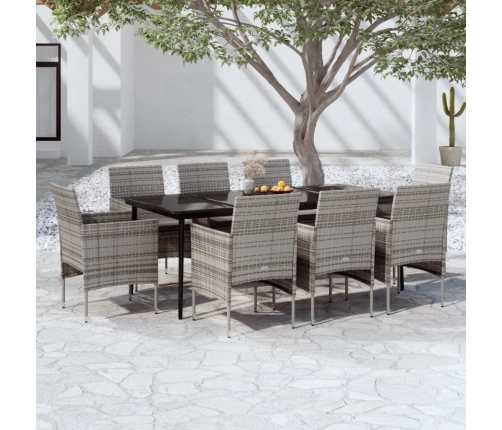 Juego de comedor para jardín 9 piezas con cojines gris y negro