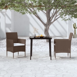 Juego de comedor de jardín 3 piezas con cojines marrón y negro