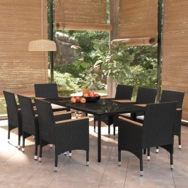 Juego de comedor de jardín 9 piezas con cojines negro