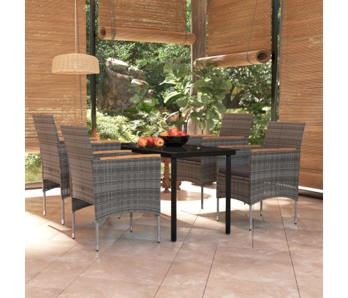 Juego de comedor para jardín 5 piezas con cojines gris y negro