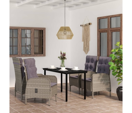 Juego de comedor para jardín 5 piezas con cojines gris y negro