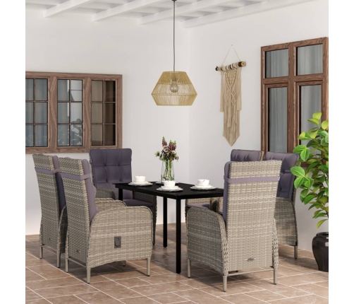 Juego de comedor de jardín 7 piezas con cojines gris y negro