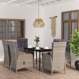 Juego de comedor de jardín 7 piezas con cojines gris y negro
