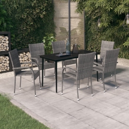 Juego de comedor de jardín 7 piezas con cojines gris y negro