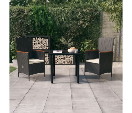Juego de comedor de jardín 3 piezas con cojines negro
