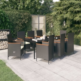 Juego de comedor de jardín 9 piezas con cojines negro
