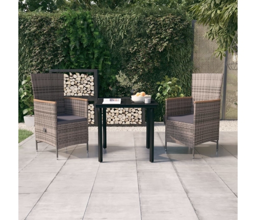Juego de comedor de jardín 3 piezas con cojines gris
