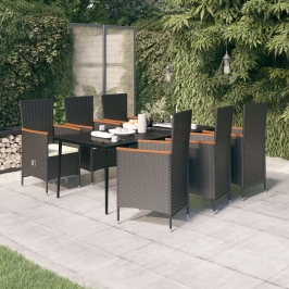 Juego de comedor de jardín 7 piezas con cojines negro