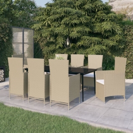 Juego de comedor de jardín 9 piezas con cojines beige