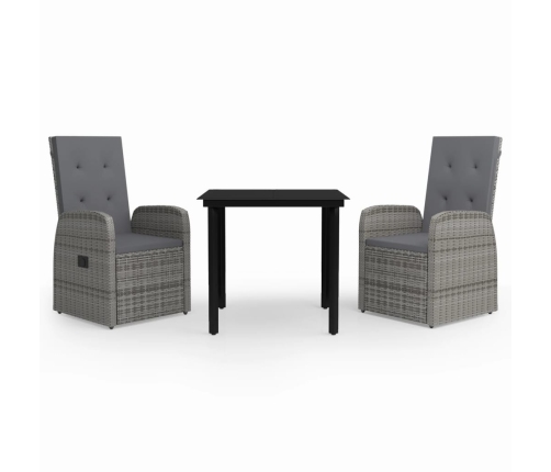 Juego de comedor de jardín 3 piezas con cojines gris