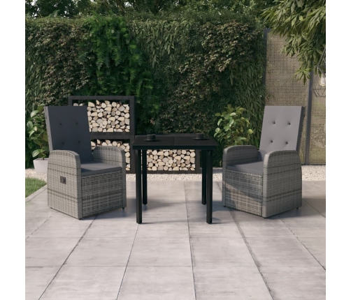 Juego de comedor de jardín 3 piezas con cojines gris