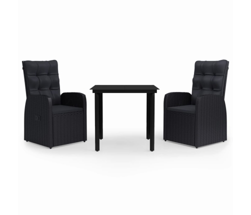 Juego de comedor de jardín 3 piezas con cojines negro