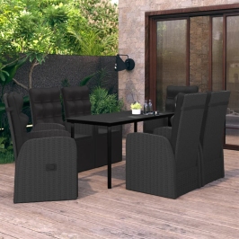 Juego de comedor de jardín 7 piezas con cojines negro