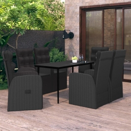 Juego de comedor de jardín 7 piezas con cojines negro