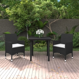 Set comedor de jardín 3 pzas y cojines ratán sintético y vidrio