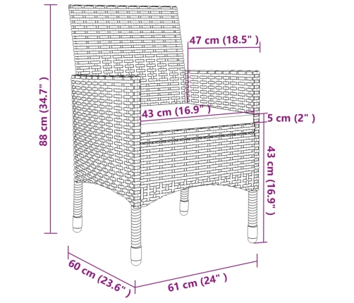 Set comedor de jardín 3 pzas y cojines ratán sintético y vidrio