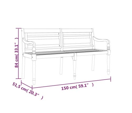 Banco Batavia con cojín negro madera maciza de teca 150 cm