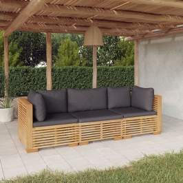 Juego muebles de jardín 3 piezas y cojines madera maciza teca